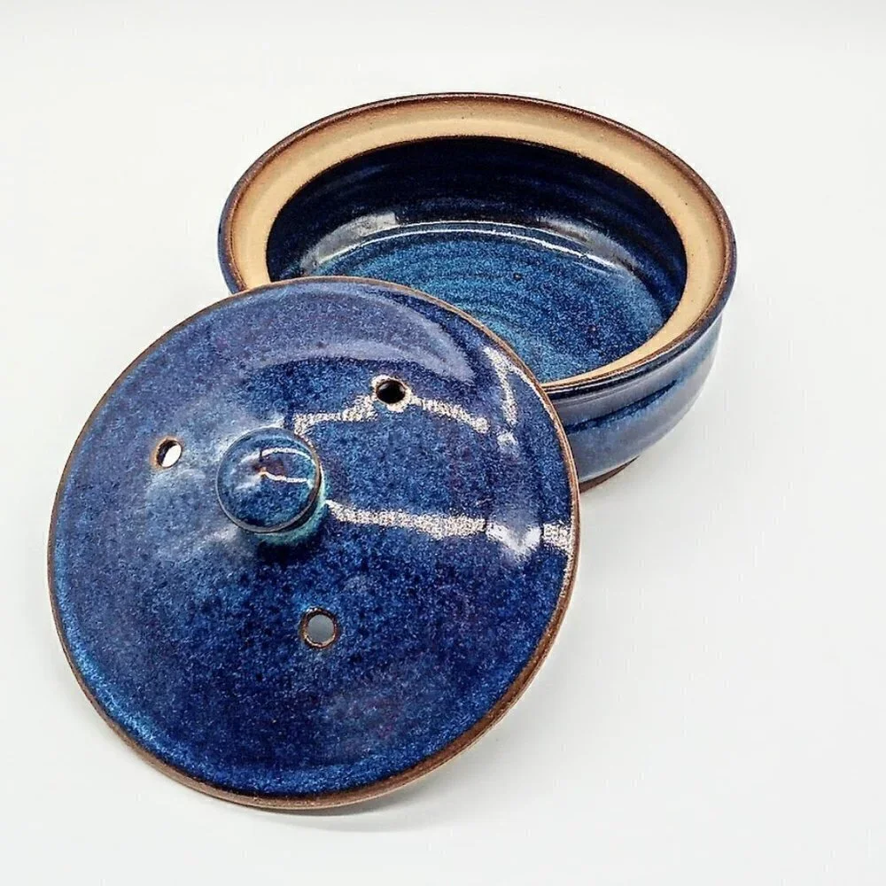 Blue Glazed Covered Ceramic Round Baker